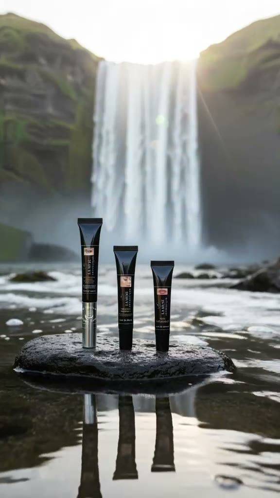 Trois soins La Muse posés sur une pierre noire devant une cascade